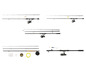Sets de pêche avec cannes, moulinets et accessoires.