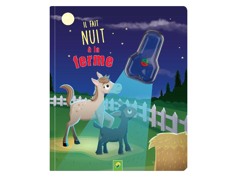 Livre d'images pour enfants ' Il fait nuit à la ferme ' avec lampe de poche UV intégrée.
