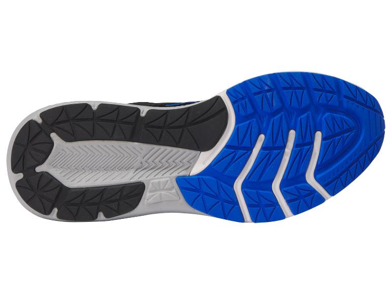 Semelle de baskets : noir, bleu et gris.