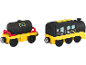 Deux wagons de train jouets noirs et jaunes, l'un avec un réservoir d'eau et l'autre une locomotive avec le numéro 53.
