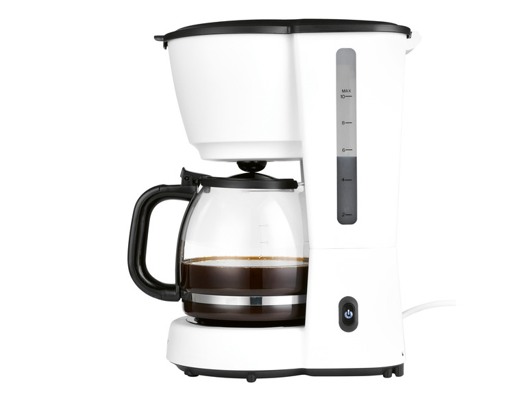Une cafetière blanche avec une carafe en verre pleine de café.