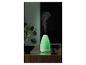 Un diffuseur d'huiles essentielles vert émettant de la brume, à côté d'une plante et de pierres noires.