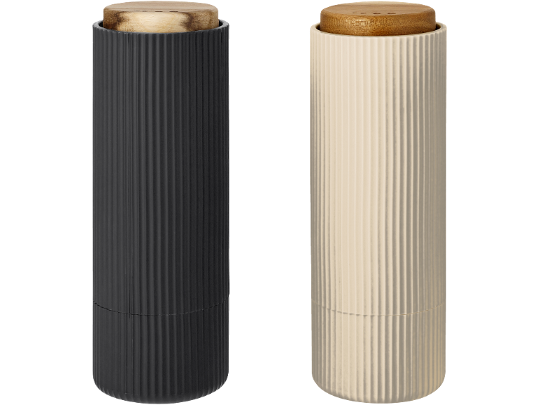 Salière et poivrière cannelées avec couvercles en bois, en noir et beige
