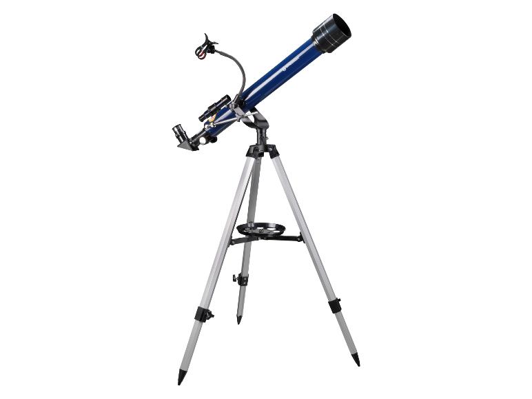 Un télescope bleu sur un trépied argenté.