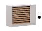 Étagère murale avec cadre blanc et porte coulissante aspect bois à rayures noires.