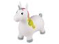 Licorne gonflable blanche avec crinière rose, jaune et verte, et corne grise