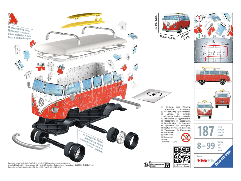Instructions pour assembler un puzzle 3D en forme de van rouge et blanc avec des planches de surf.