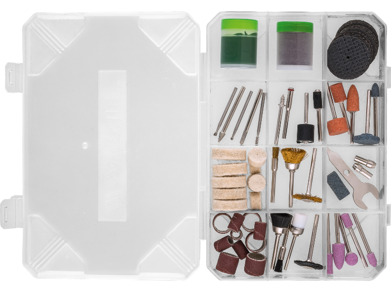 Kit d'accessoires pour outils rotatifs avec forets, disques de coupe et de polissage dans une boîte.