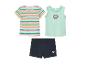 Ensemble fille : t-shirt rayé, débardeur et short, motifs cœurs et coucher de soleil.