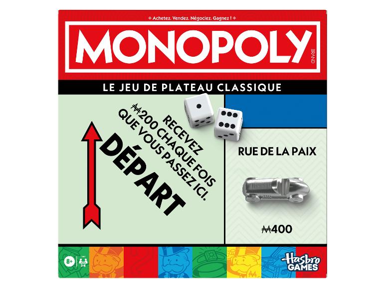 Jeu de société classique Monopoly avec dés, voiture de course et instructions en français.