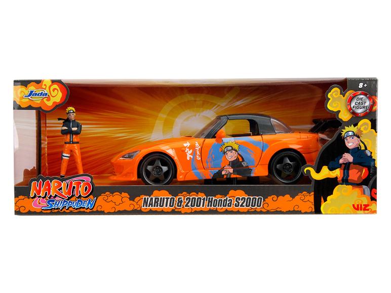 Une Honda S2000 orange sur le thème de Naruto avec une figurine Naruto.