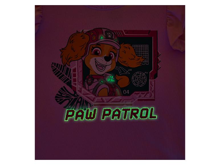 T-shirt rose avec un motif de chiot souriant et le texte lumineux 'PAW PATROL'.