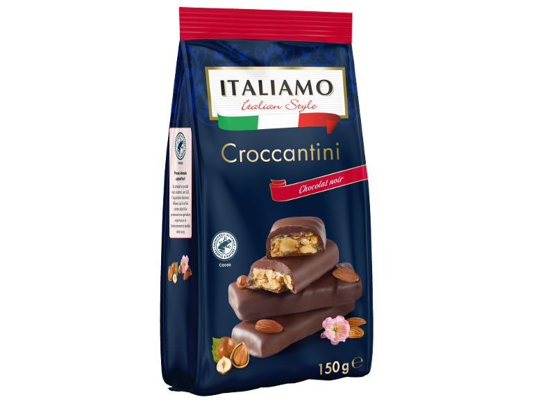 Croccantini au chocolat noir, style italien, emballage de 150g.