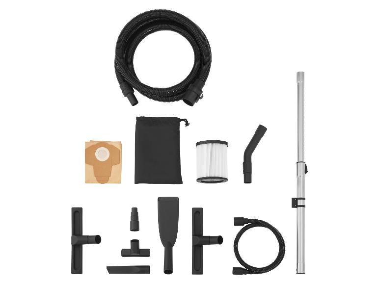 Ensemble d'accessoires pour aspirateur : tuyau, filtres, buses et sacs.