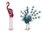 Décoration de jardin en métal: flamant rose et paon bleu.
