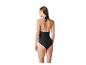 Femme de dos en maillot de bain une pièce noir avec un col licou.