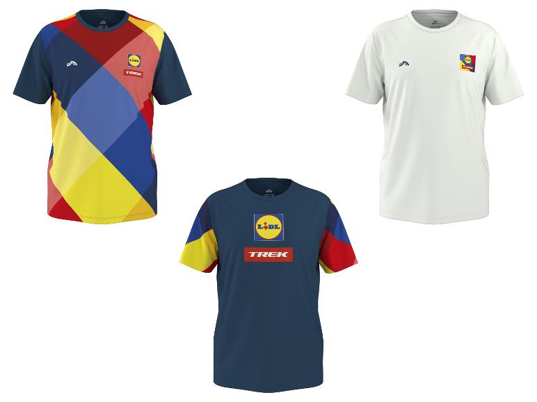 Trois t-shirts de sport: un à motif coloré, un blanc et un bleu marine.