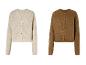 Deux cardigans en tricot : un blanc avec un motif ajouré et un marron avec une texture lisse.