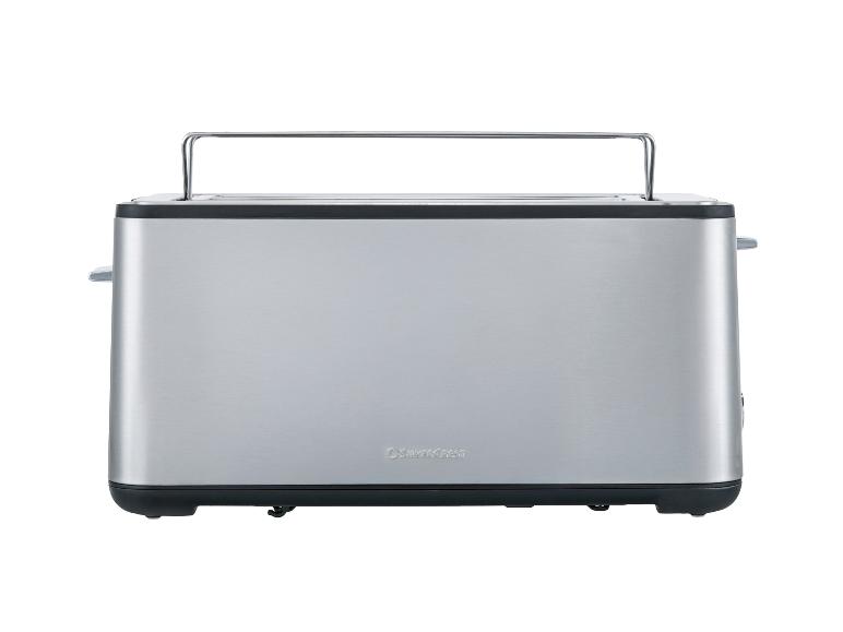 Grille-pain en acier inoxydable avec support chauffe-viennoiseries sur le dessus.