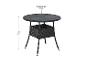 Table de jardin ronde en rotin noir avec plateau en verre, 73 cm de haut et 80 cm de diamètre.