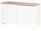 Armoire blanche avec deux portes et un plateau en bois.