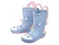 Bottes de pluie pour enfants bleu clair avec motif licorne et détails roses.