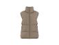 Gilet matelassé sans manches de couleur beige avec un col montant et une fermeture éclair.