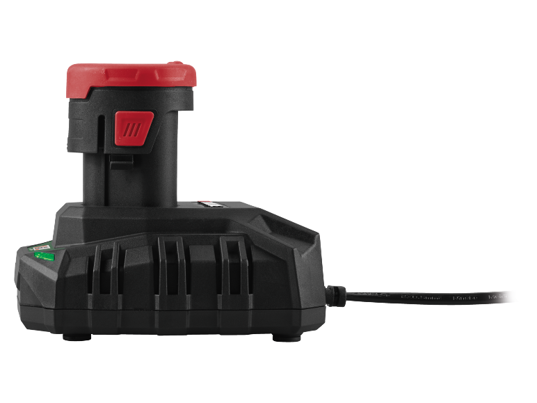 Chargeur de batterie noir avec une batterie rouge et noire attachée.