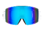Masque de ski avec verres miroirs bleus et monture blanche.