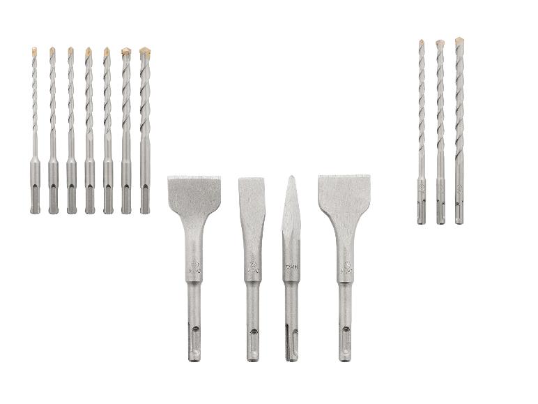 Une collection de forets et burins SDS-plus pour marteau perforateur.