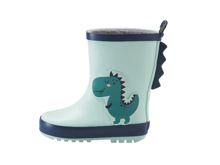 Bottes de pluie enfant vert clair avec une image de dinosaure vert foncé