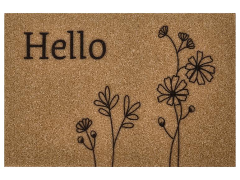 Paillasson marron avec le texte « Hello » et des fleurs stylisées.
