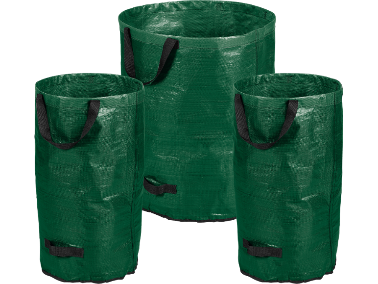 Trois sacs verts pour déchets de jardin avec poignées noires, un grand et deux plus petits.