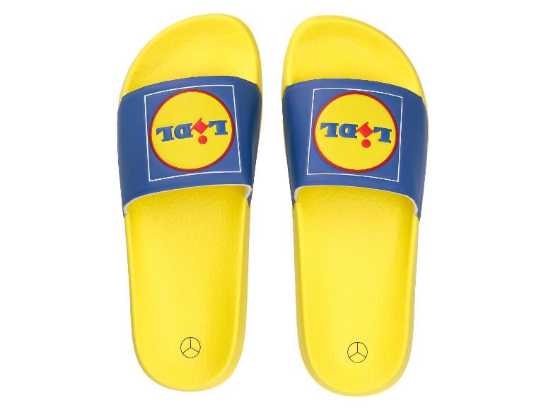 Claques jaunes avec sangle bleue et logo