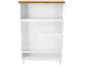 Chariot de cuisine blanc avec plan de travail en bois et étagères.