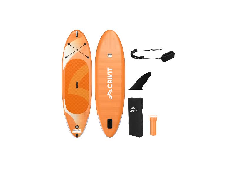 Planche de paddleboard gonflable orange avec accessoires, aileron, laisse et sac.