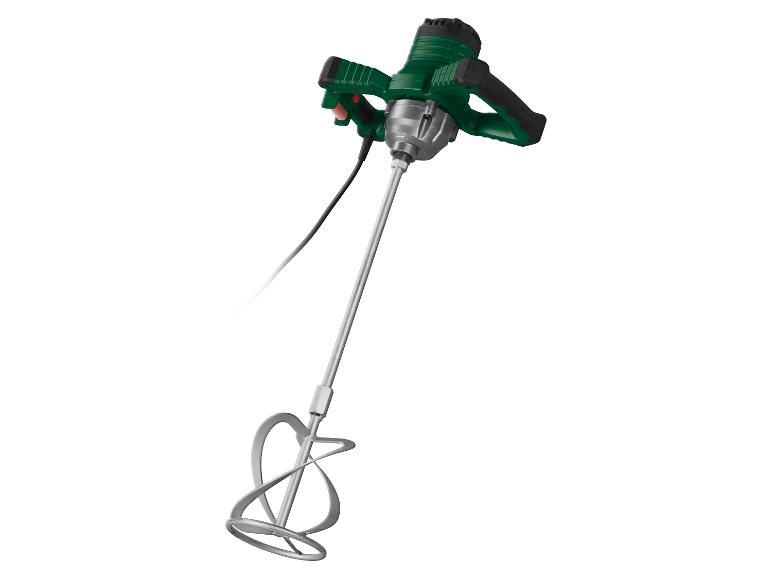 Mélangeur électrique à mortier avec boîtier vert et noir et agitateur métallique.