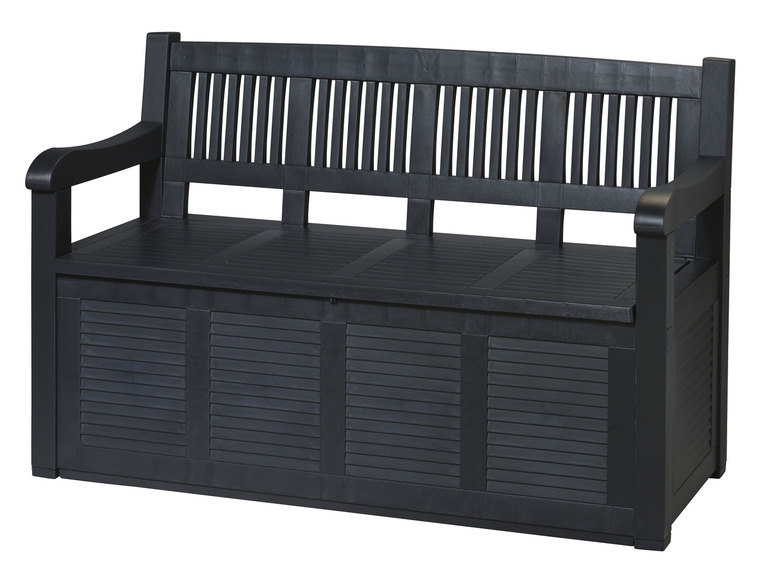 Un banc de rangement noir avec un aspect bois.