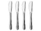 Ensemble de quatre couteaux à beurre argentés avec lames et manches arrondis.