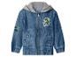 Veste en jean pour enfant avec capuche grise et écusson de chien de dessin animé.