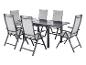 Ensemble de salle à manger d'extérieur avec une table extensible gris foncé et six chaises pliantes assorties.