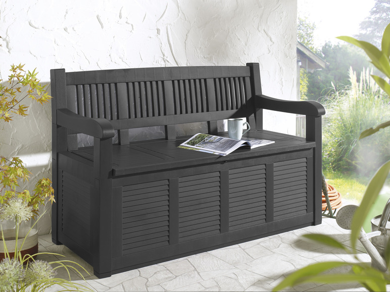 Un banc de rangement noir à l'aspect bois pour l'extérieur.