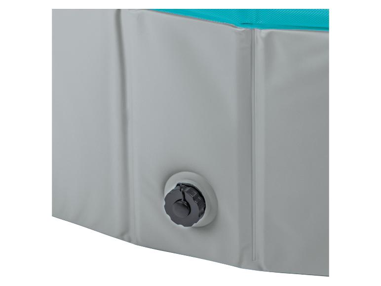 Baignoire pliable grise avec bord turquoise et bouchon de vidange noir