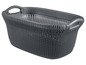 Un panier de rangement gris avec des poignées, fait de plastique tissé.