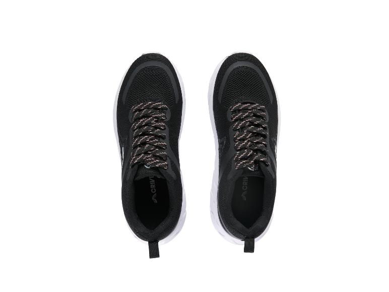 Paire de chaussures de sport CRIVIT noires avec lacets roses et noirs, vue de dessus.