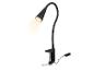 Lampe de bureau noire avec bras flexible et pince, émettant une lumière chaude.