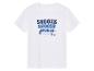 T-shirt blanc Little Nap Time à motifs marins avec inscription « Snooze » répétée.