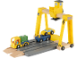 Ensemble de jouets en bois avec une grue jaune, un camion et une voiture sur une base grise.