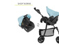 Une poussette noire avec une capote bleue et un siège auto pour bébé séparé.