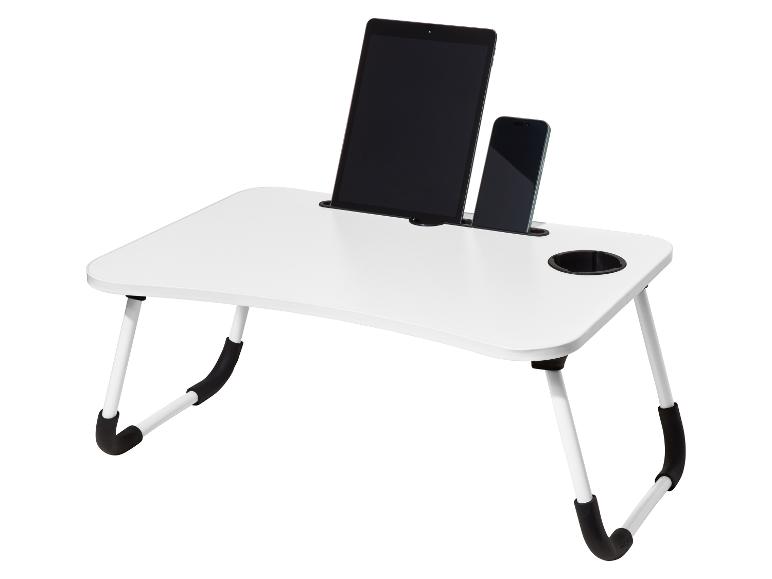 Table de lit blanche avec tablette et smartphone, avec porte-gobelet.